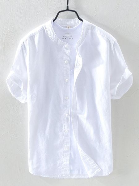 Camisas masculinas Camisas de linho de algodão de estilo chinês 2023 Men's Solid Color Stand Up Collar Soltle Basted Manves Short Men