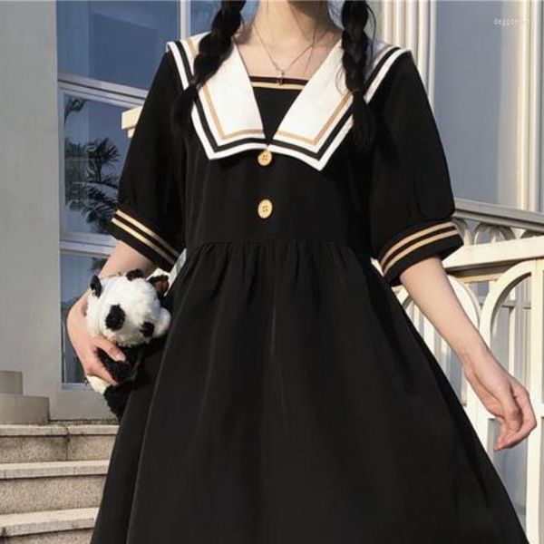 Abiti da festa Abito con colletto da marinaio nero Abbigliamento da donna Kawaii Girl Abbigliamento vintage casual Midi A-line Lolita giapponese Harajuku