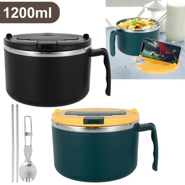 Set di stoviglie Ciotola per ramen rapida con coperchio filtrabile 1200 ml Cucchiaio per noodle a microonde Bacchette BPA Free Cooker