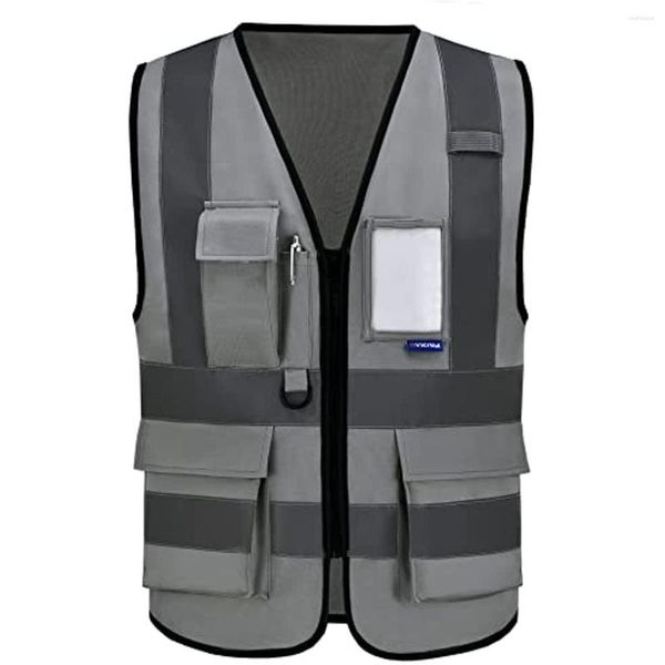Motorradbekleidung A-SAFETY Hochsichtbare Sicherheits-Reflektorweste mit Taschen und Reißverschluss, gut sichtbar, für Männer und Frauen (Grau XXL)