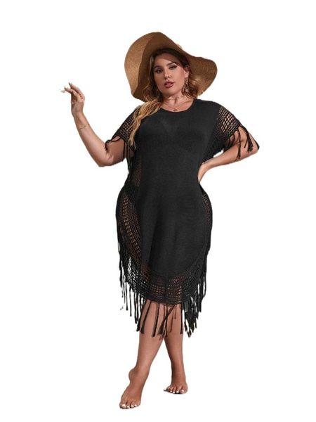 Bademode Damen Plus Size Cut Out Fledermausärmel Fringe Trim Cover Up F849#Damen