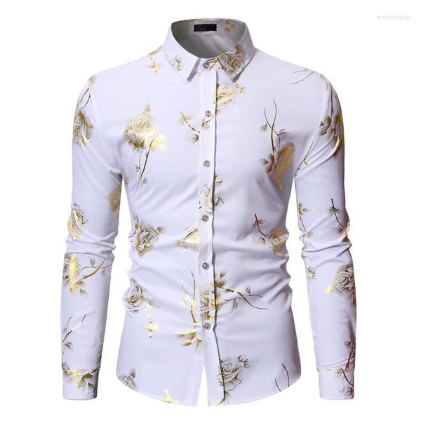 Camicie casual da uomo Luxury Gold Foil Print Camicia da uomo 2023 Autunno White Rose Floral Mens Dress Nightlcub Prom Camisas