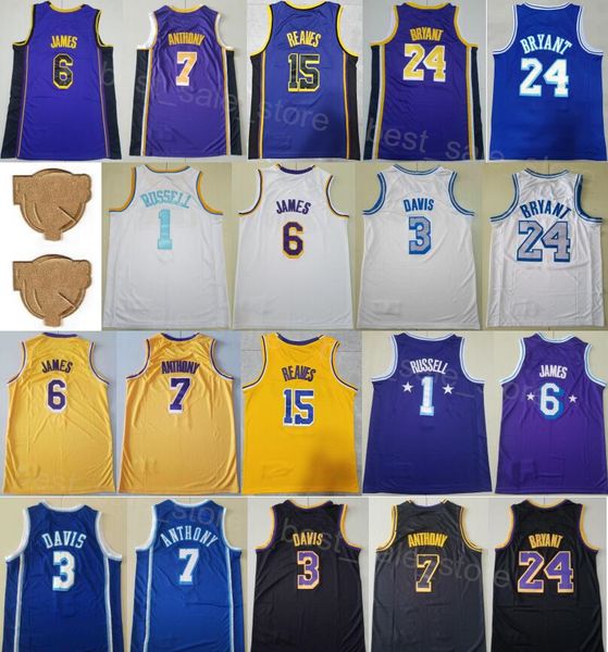 Homem Austin Reaves 15 Jersey de basquete 2023 A final do lebron James 6 Davis 3 Carmelo 7 Dangelo Russell 1 Bryant Wear Borderyer Purple Blue Black Brancy Top/Good