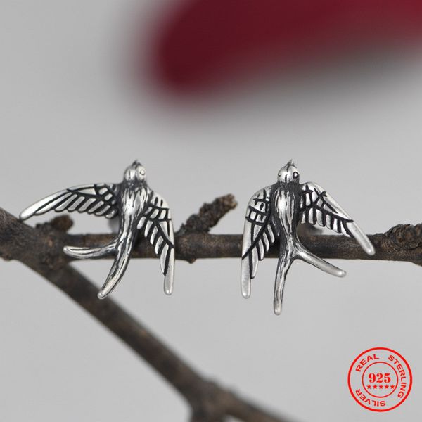 MKENDN 100% 925 Sterling Silber Kreative Retro Swallow Stud Ohrring Punk Street Style Ohr Pin für Frauen Männer Tier schmuck