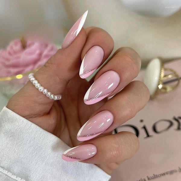 Unghie finte 24pcs French Pink Almond Head Sweet Style Nude Color Falso Nail Patch Full Cover Wearable Women Press On Tips