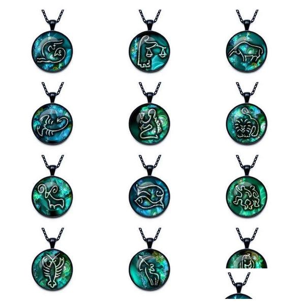 Подвесные ожерелья, продавая Zodiac Time Time Gemstone Стеклянное колье GSFN524 с цепной смесь