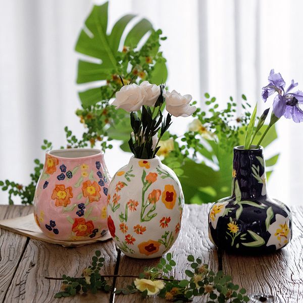 Vasi CuteLife Nordic Vintage Vaso da fiori in ceramica dipinta a mano Soggiorno Decorazioni per la casa Vaso da tavolo Vaso per piante da coltura idroponica 230525