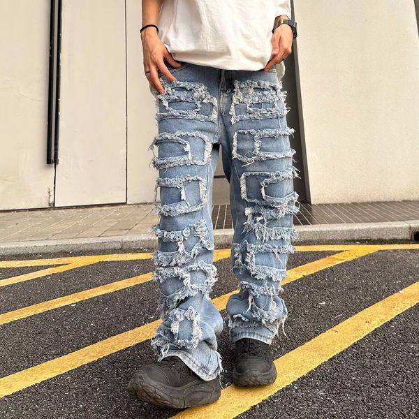 Herrenjeans Individualisierte Patch-Jeans für Männer und Frauen, amerikanische High-Street-Hip-Hop-gebratene Straßenbettlerhose, blau, locker, kleine Menschenmenge, wischend 230524