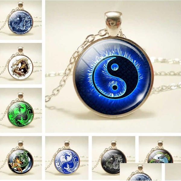 Chaços de chaveiros navio Green Dragon Yin Yang Tai Chi Bagua Diagrama Chave de Vidro Jóias de Vidro Jóias Chave Ringos R383 Mix Order 20 Peças Dh6dt