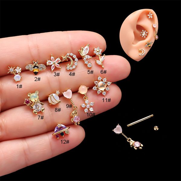 1 Stück 20g Edelstahl Piercing Bären Zirkon Ohrring für Frauen koreanische Schmuckohrohrbär Bär Blume Ohrringe für Mädchen