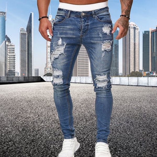 Jeans da uomo Fashion Street Style Jeans attillati strappati Pantaloni da uomo in denim tinta unita lavaggio vintage Pantaloni da uomo casual slim fit in denim a matita 230524