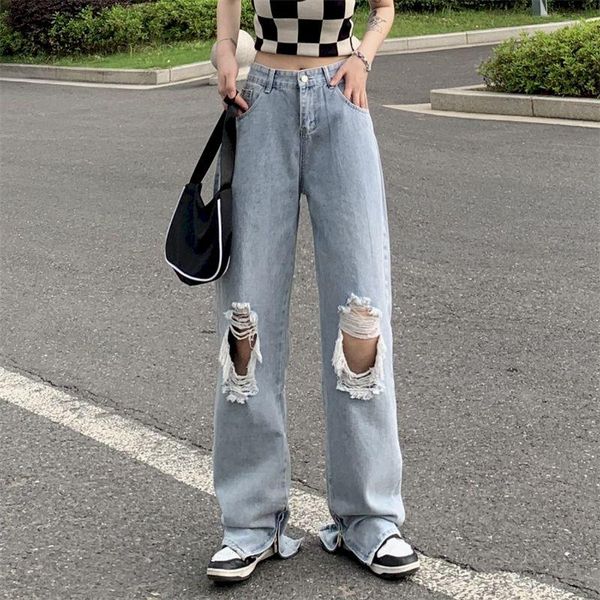 Jeans masculinos Foufurieux rasgados para mulheres moda moda baixa cintura streetwear vintage Mulher azul stard start y2k jeans largura perna larga