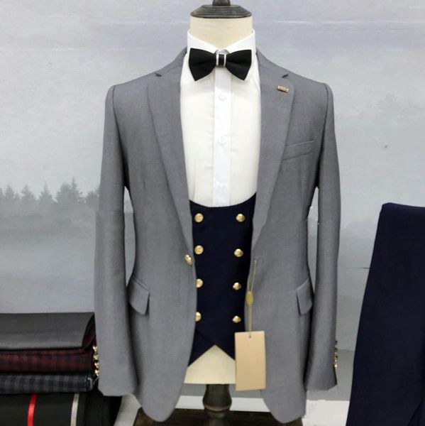 Erkek takım elbise özel gri ceket lacivert yelek pantolon moda erkekler resmi ince fit damat balo kuyruklu terzi