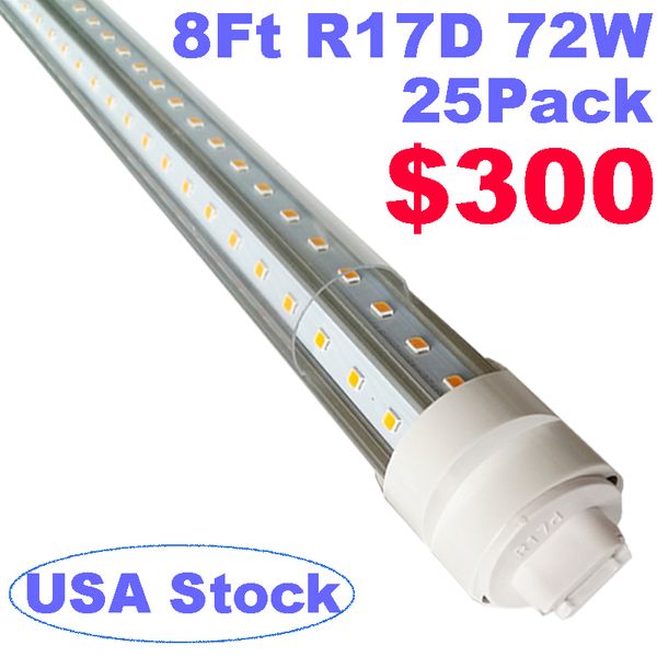 Bulbos LED de 8 pés leve - 72W 6500k, tampa clara, base R17D, 9000lm, 300W Tubos fluorescentes equivalentes F96T12/dw/ho, girar V em forma de dupla, desvio de lastro de extremidade dupla, desvio de desvio usalight