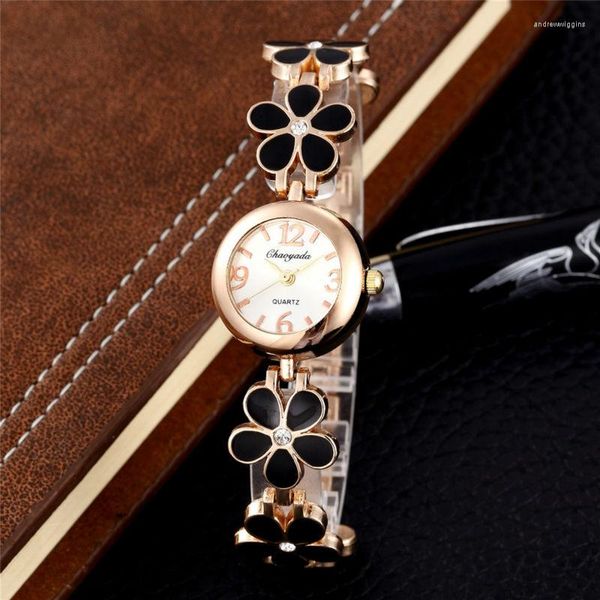 Armbanduhren Felogio feminino rose gold uhren frauen blumendesign damenuhr weiß emaille schlankes band quarz große zifferblatt uhr