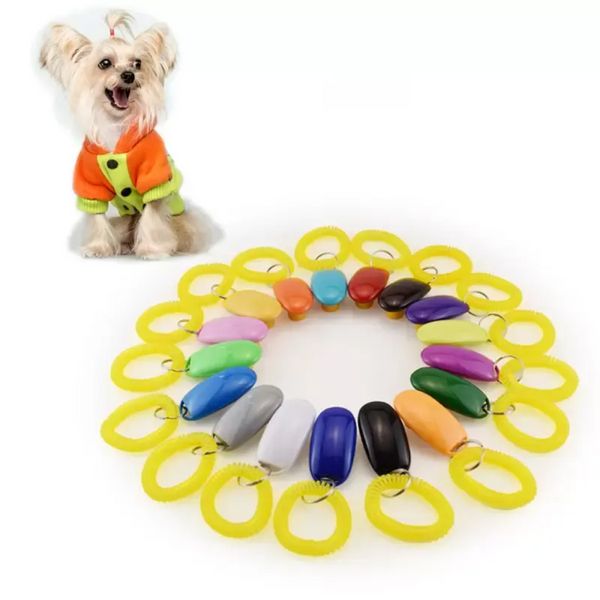 New Pet Cat Dog Training Clicker Plastica Nuovi cani Click Trainer Clicker trasparenti con bracciale all'ingrosso E0525