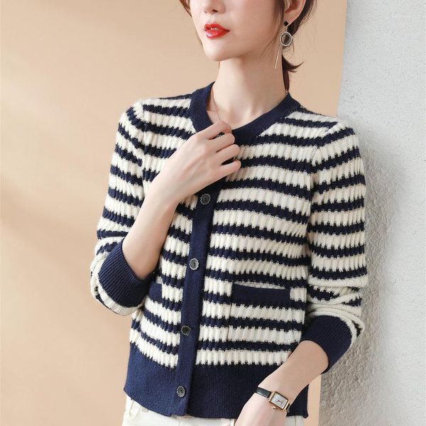 Malhas femininas mulheres elegantes chiques listrados Cardigan suéteres pretos listra branca single bre telestted mickwear feminino malha casual bolero