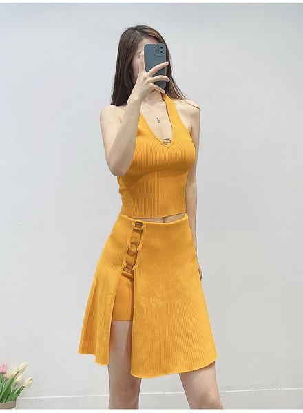 Basic Casual Dresse New s-andro Yellow Fashion Casual Outwear Hanging Neck V-Neck Knit Half Skirt Set