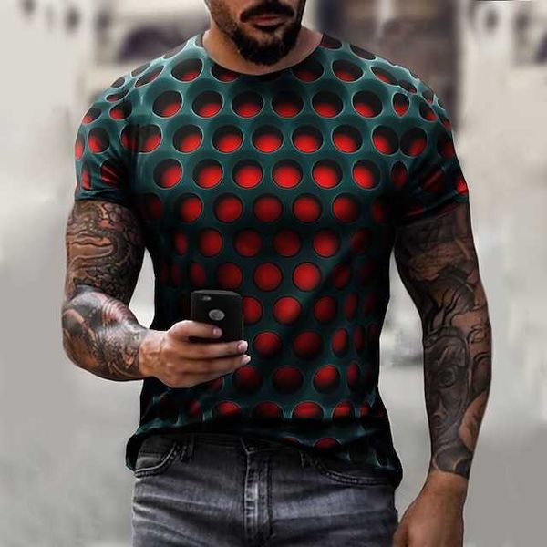 Herren-T-Shirt, T-Shirt, optische Täuschung, Rundhalsausschnitt, Rundhalsausschnitt, Grün, Lila, Hellgrün, Rosa, Dunkellila, 3D-Druck, Übergröße, lässig, täglich, kurzärmelig, Kleidung, Vintage