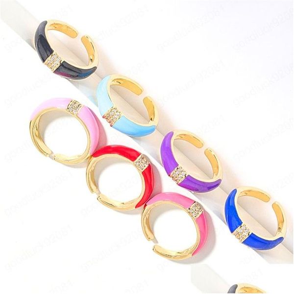 Anillos de banda Anillo abierto ajustable de aceite por goteo para mujer Joyería de moda Colorf Cobre chapado en oro real Entrega de gota de dedo Dhjxs