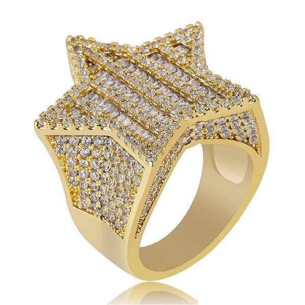 Ringas de banda 18K Gold White Mens Luxo Bling Bling Cubic Zircônia Pentagrama Hip Hop Ring Fl Diamond Iced Out Rapper Jewelry Gifts for Drop D Dhwo7