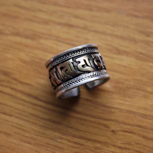 Cluster-Ringe RG236 Handgefertigter nepalesischer ethnischer tibetischer Kupfer-Sechs-Wörter-Mantra-Ring mit offenem Rücken, Daumen, Vintage-Stil, verstellbar