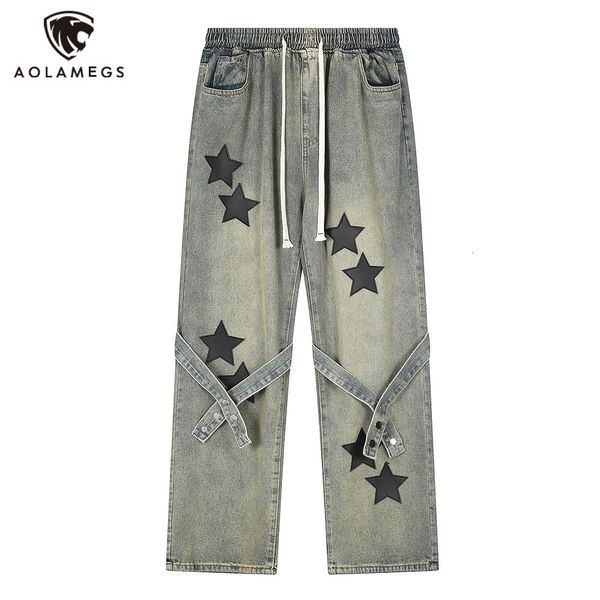Jeans da uomo Y2K Cross Straped Jeans da uomo lavati vintage Stampa pentagramma Harajuku Streetwear Pantaloni dritti con coulisse Pantaloni larghi in denim 230524