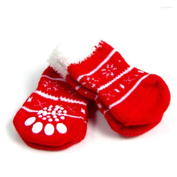 Hundebekleidung 4 teile / satz Rote Haustiersocken Anti-Rutsch-Verdickung Warme Weihnachten für Haustiere Welpen Katze Niedliche Schuhe