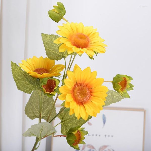 Flores decorativas 3 galhos de girassóis Planta artificial Amarelo Simulação Decoração em casa Presente do Dia dos Professores