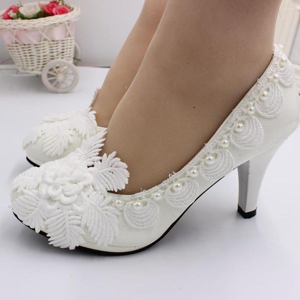 Sapatos de vestido baoyafang white pérola casamento salto alto renda flor flor artesanal