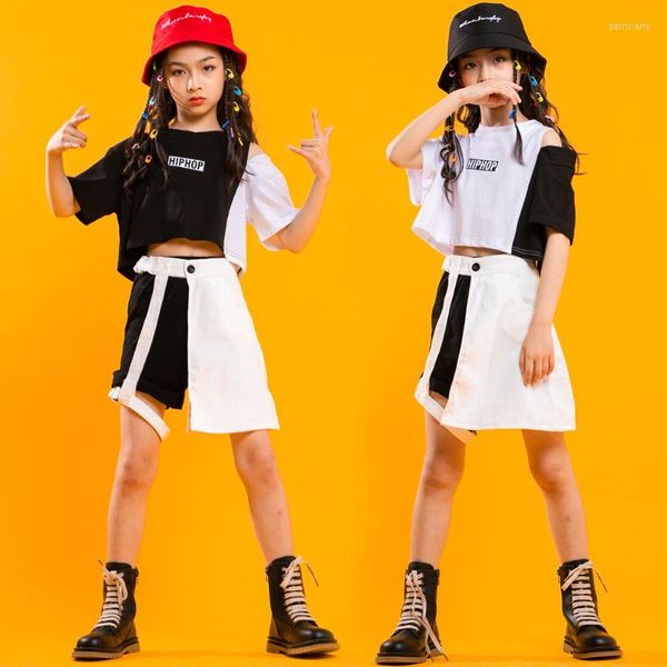 Abbigliamento da palcoscenico Abbigliamento hip-hop per bambini Camicia bianca bianca con spalle scoperte Top corto Gonna casual Pantaloncini per ragazze Costume da ballo jazz Abbigliamento Streewear