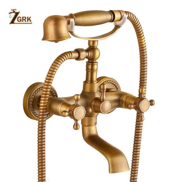 Torneiras de banho de banheiro ZGRK Bathtub Bath Brass Torneira Torneira Torneira Torneira Montada de Parede Torneira de banho com chuveiro de chuveiro de mão Antiga Bronze Banho Conjunto de banho G230525