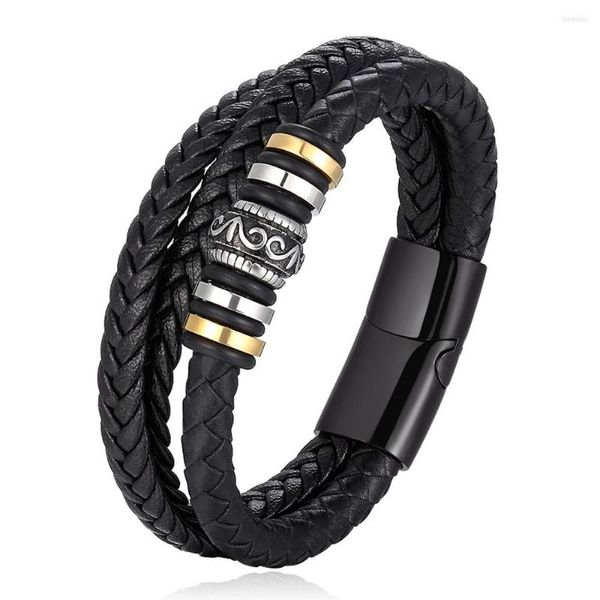 Strand Fashion stile etnico bracciale in acciaio inossidabile da uomo corda in pelle intrecciata multistrato casual chiusura magnetica regalo gioielli