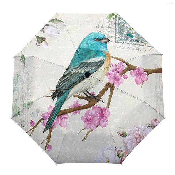 Umbréreas Flores vintage e pássaros Mulheres masculinas totalmente automáticas Umbrella dobrável chuva multifuncional