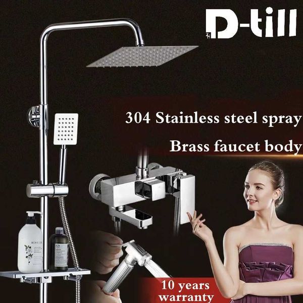 Banyo Duş Setleri D-Till Banyo Duş Muslukları Set Pirinç Spa Sistemi Yağmur Şelale Karıştırıcı Siyah Paslanmaz Çelik Sprey Tabancası Krom Musluklar Raf G230525