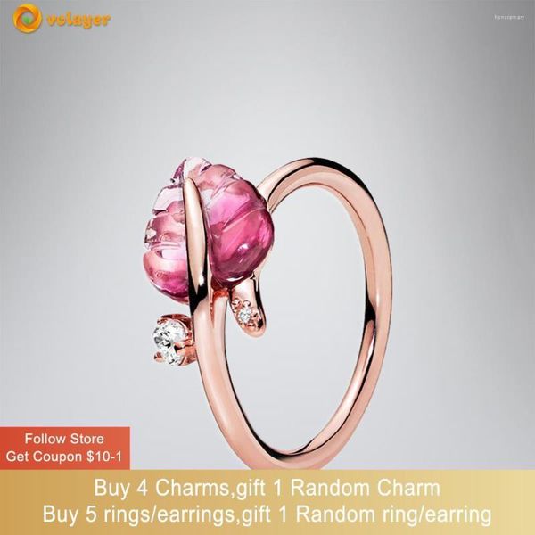 Cluster-Ringe Volayer 925 Sterling Silber Ring Rosa Murano Glas Blatt Original Frauen Ngagement Schmuckherstellung