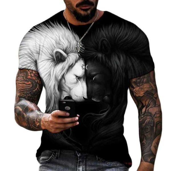 Fashion Shirt Designer Marke Sommer Herren T Löwe Tier T Beast Fierce Wolf 3D Neue Herren Übergroße Kurzarm Schwarz-Weiß-Design Polyester
