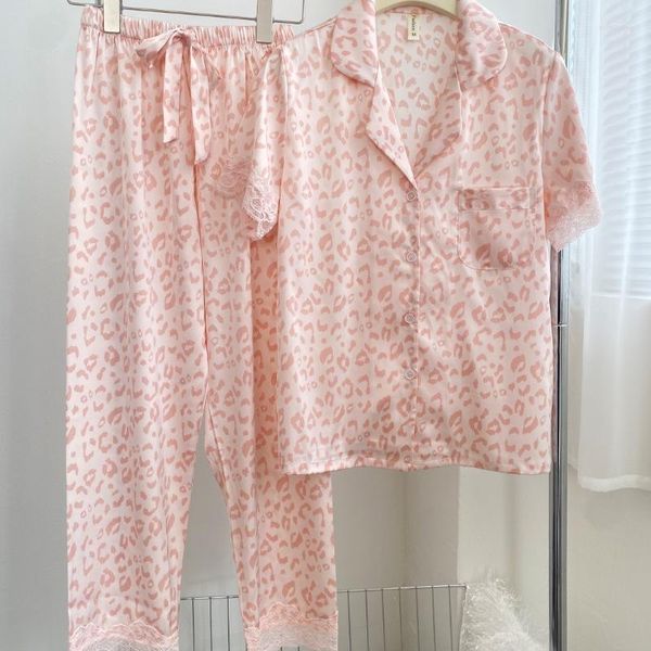 Indumenti da notte da donna Pigiama da donna in raso rosa con stampa leopardata Set Top a maniche corte e pantaloni Pigiama a due pezzi Pigiama a due pezzi