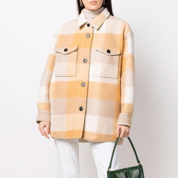 Frauen Wolle Woolen Plaid Mantel 2023 Herbst Winter Damen Drehen-unten Kragen Langarm Lose Einreiher Jacke Weibliche outwear