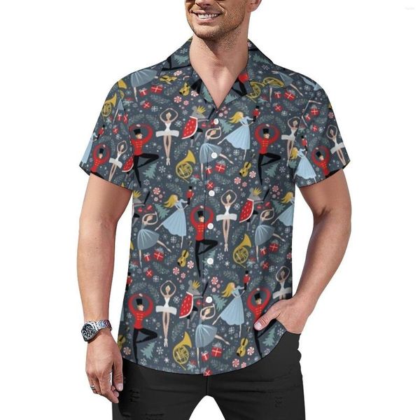 Camisas casuais masculinas camisa de férias de balé impressão de natal havaian masculino novidade
