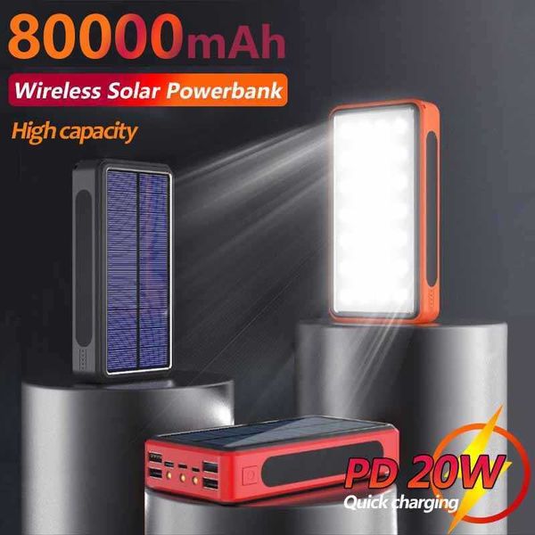 Handy-Powerbanks, 80.000 mAh, solarbetrieben, kabelloses Schnellladen, weiches Gummi, staubdicht, mit 4 USB-LEDs, tragbarer externer Akku G230525