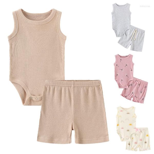 Roupas Conjuntos 2023 unissex 2Pieces Bodysuits shorts Cotton Cotton Girl Rous Born Color Solid Boy Cartoon sem mangas Bebes