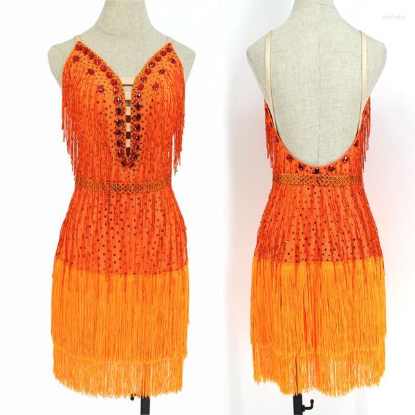 Stage desgaste do vestido de dança latina Women Women Competition Orange Suspender Samba Rumba Filme Full Fringe Costume BL4519