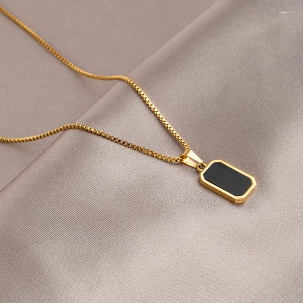 Anhänger Halsketten Edelstahl Minimalist Quadrat Koreanische Schwarz Emaille Damen Gold Farbe Vintage Halskette Exquisite Lange Schmuck Geschenk