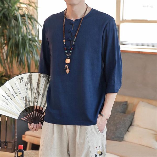 Camicie casual da uomo Camicia Kung Fu da uomo Lino assorbente dal sudore Tinta unita Fibbia fatta a mano Top Stile cinese Retro Hanfu Moda maschile