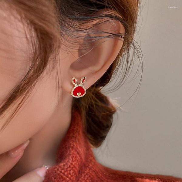 Ohrstecker, süßer süßer roter Herz-Ohrring für Frauen und Mädchen, chinesischer Stil, Perle, kleines Jahr, modische Geschenke, Schmuck