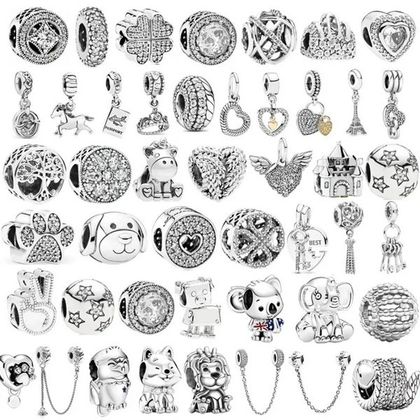 925 Sterling Silber Charms für die Schmuckherstellung für Pandora-Perlen. Neue silberfarbene Feder-Löwe-Sicherheitskette, Kronen-Flügel-Anhänger