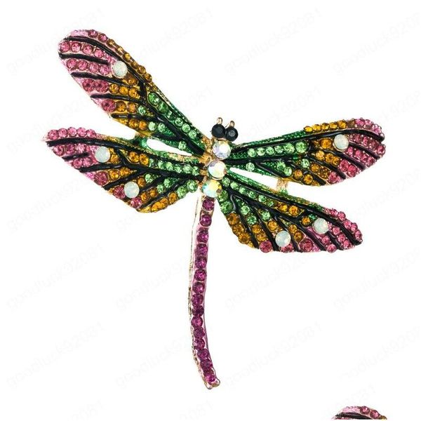 Pins Broschen Exquisite MTI Farbe Kristall Libelle Brosche Elegante Strass Perlen Tiere Flügel Pin Frau Party Schmuck Drop Deli DHSY5