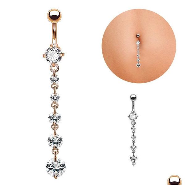 Anelli con bottone a campana per ombelico Moda in acciaio inossidabile con zircone lungo ciondola con strass tondo ombelico anello bar piercing al bilanciere gioielleria inversa Dhozv