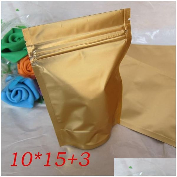 Paketleme torbaları 10x15Add3cm 100pcs altın yeniden yeniden beslenebilir ayağa kalkma alüminyum folyo zip kilidi metalik alüminyum plastik kese fermuar kavrama contası dh2ix